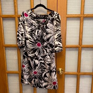 EUC Chico's 1 Black and White Floral Midi Dress with Pink Highlights